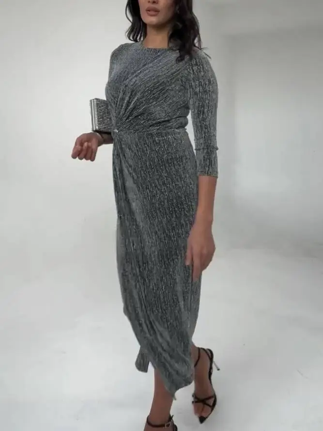 Shiny Pleated Tailored Midi Dress
