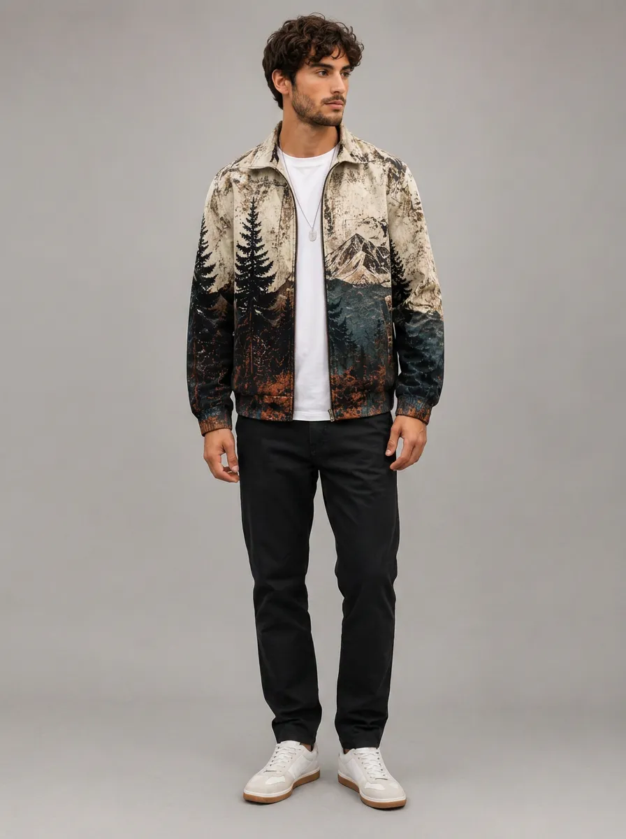 Men's Landscape Print Zip-Up Jacket with Ribbed hemline for a defined finish