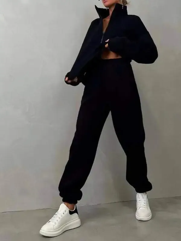 Women's long-sleeved stand-up collar zipper sportswear casual two-piece set
