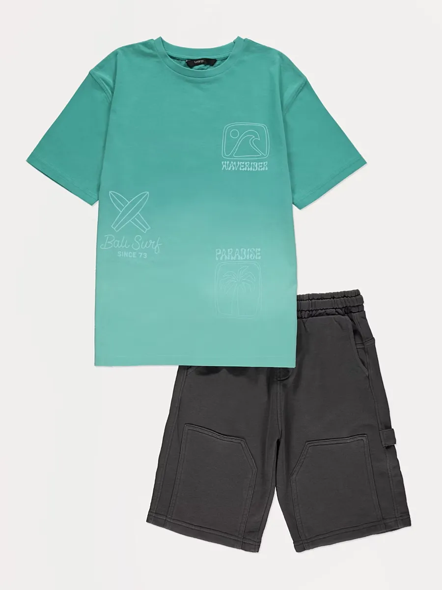 Green Ombré Surf T-Shirt and Cargo Shorts Outfit