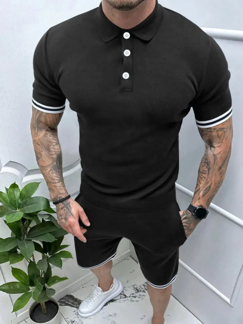 Short Sleeve Button Detail Polo And Shorts Set
