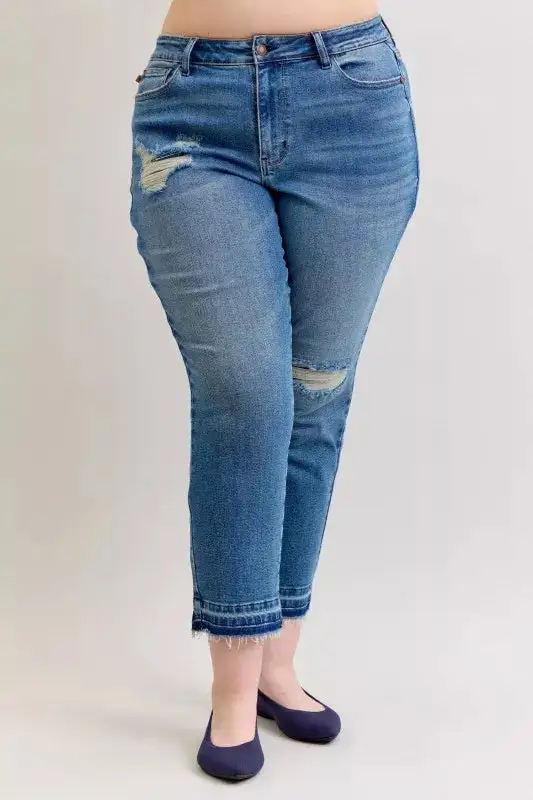 Mid Rise Raw Hem Distressed Boyfriend Jeans