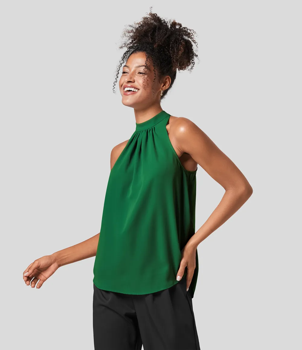 Keyhole Back Halter Plicated Sleeveless Curved Hem Work Blouse