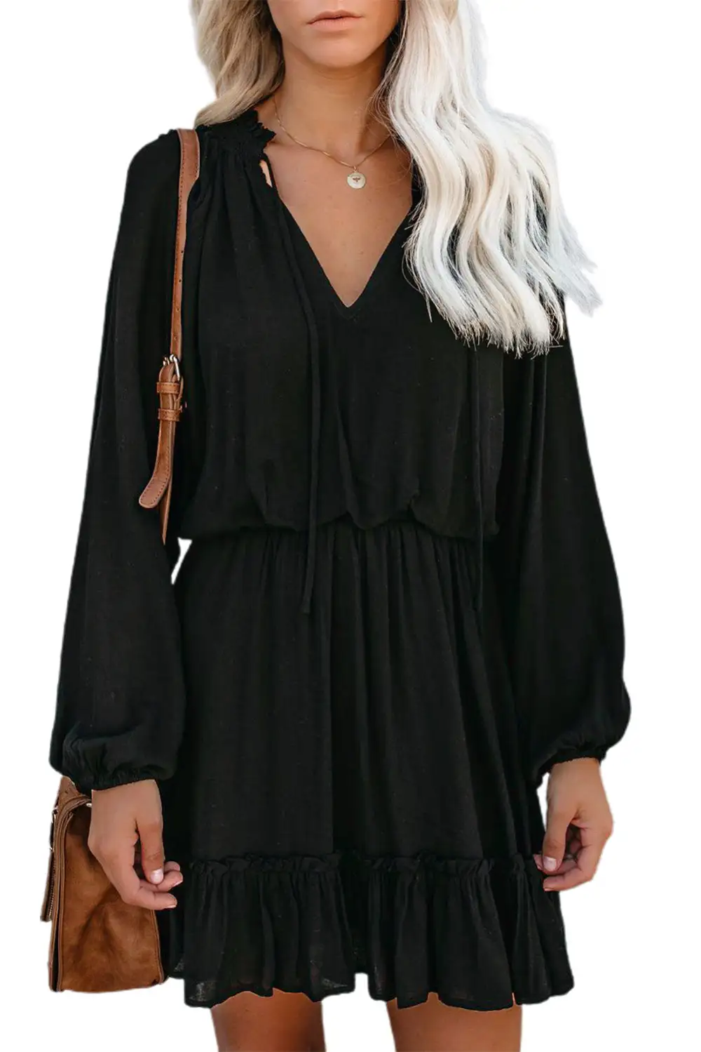 Bubble Sleeve Split Neck Ruffle Tunic Dress