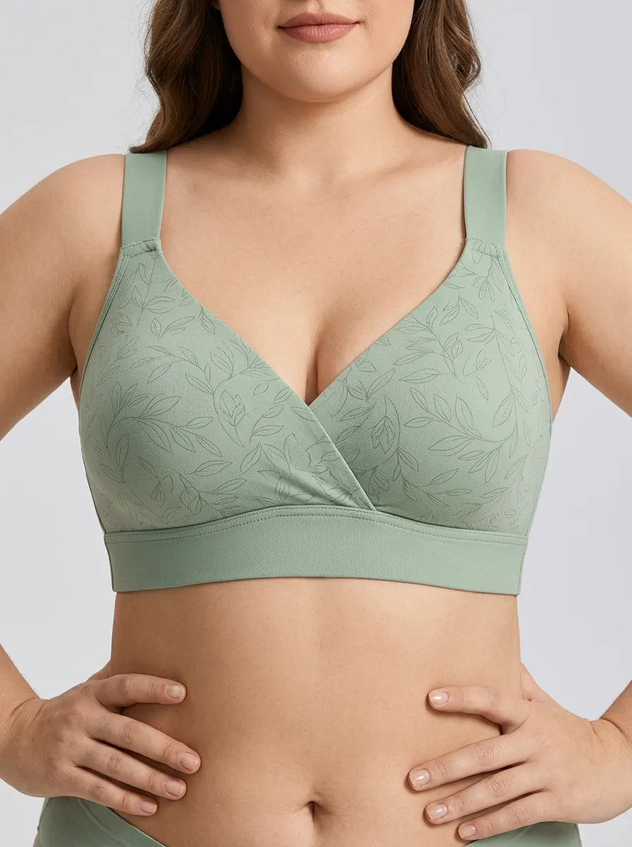 Women's Plus Size Sage Green Leaf V-Neck Wireless Bralette