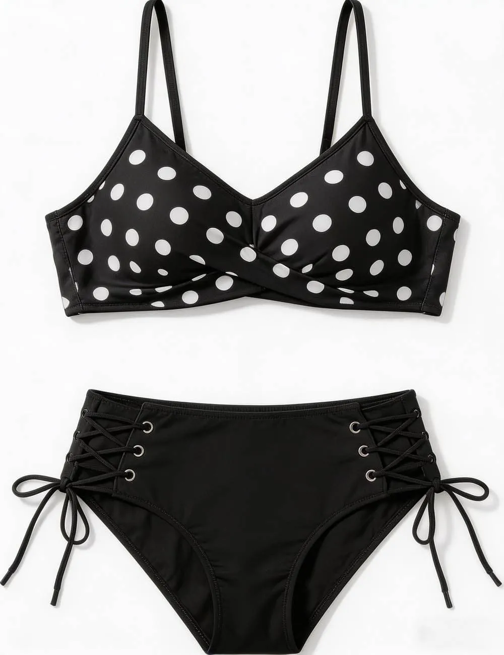 Polka Dot High Waist Lace Up Bikini Set
