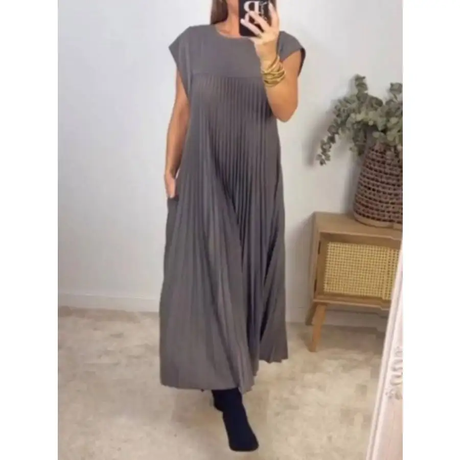 Classic Full Size Pleated Round Neck Maxi Dress Plus Size