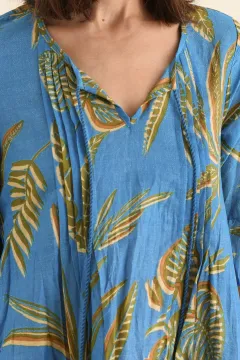 Above-Knee Graphic Cotton Pleated V-Neck Half-Sleeve A-Line Tunic Dress