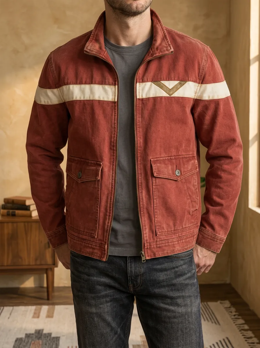 Men's Vintage Racing Stripe Red Canvas Printed Jacket