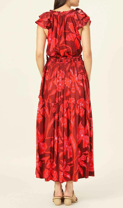 Red Floral Print Tiered Maxi Skirt
