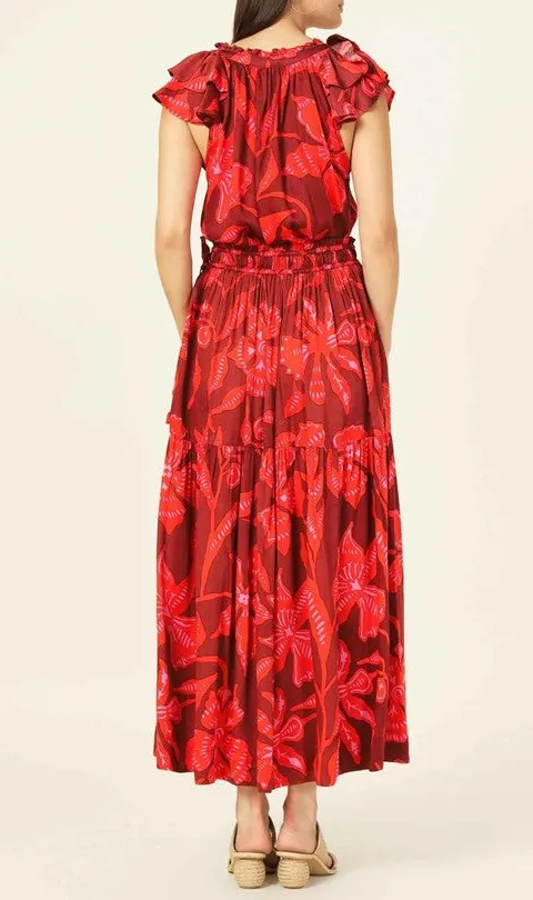 Red Floral Print Tiered Maxi Skirt