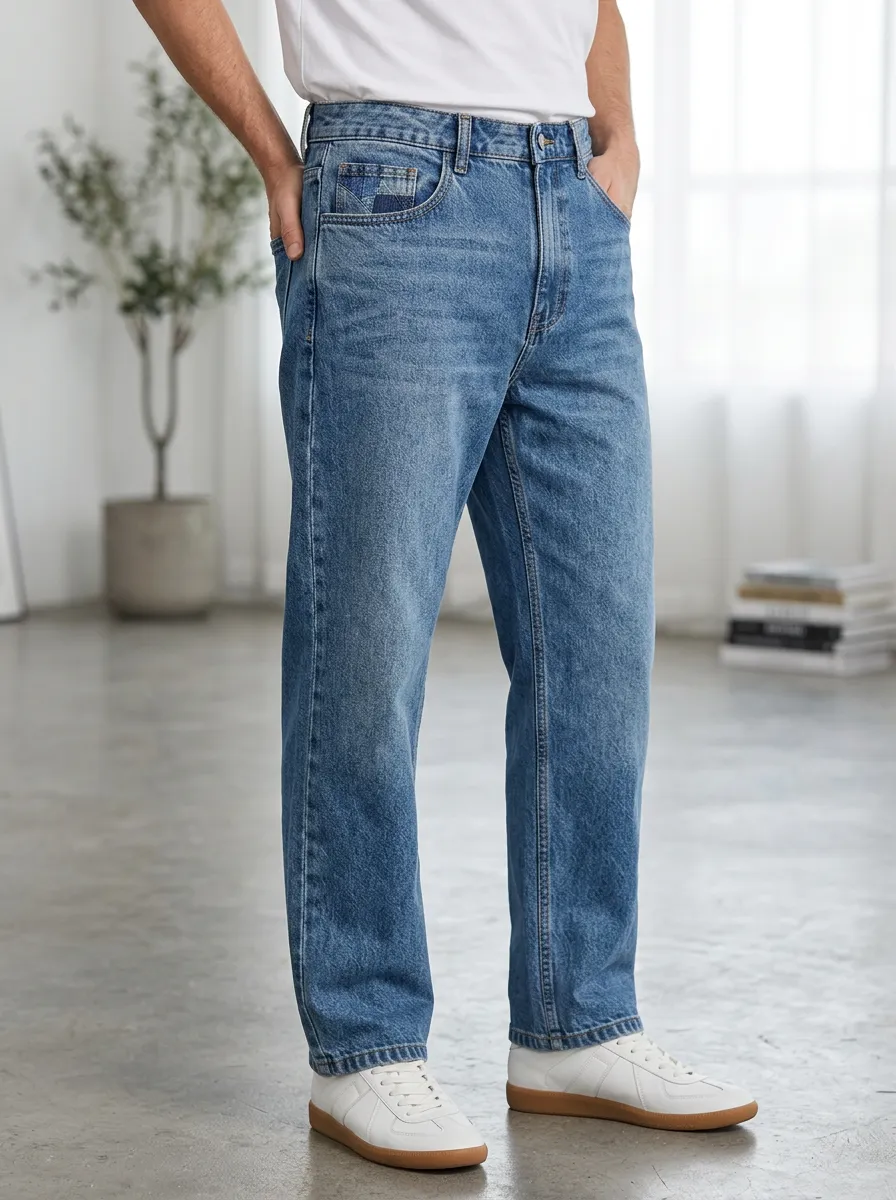 Men's Patchwork Pocket Detail Printed Straight Leg Jeans