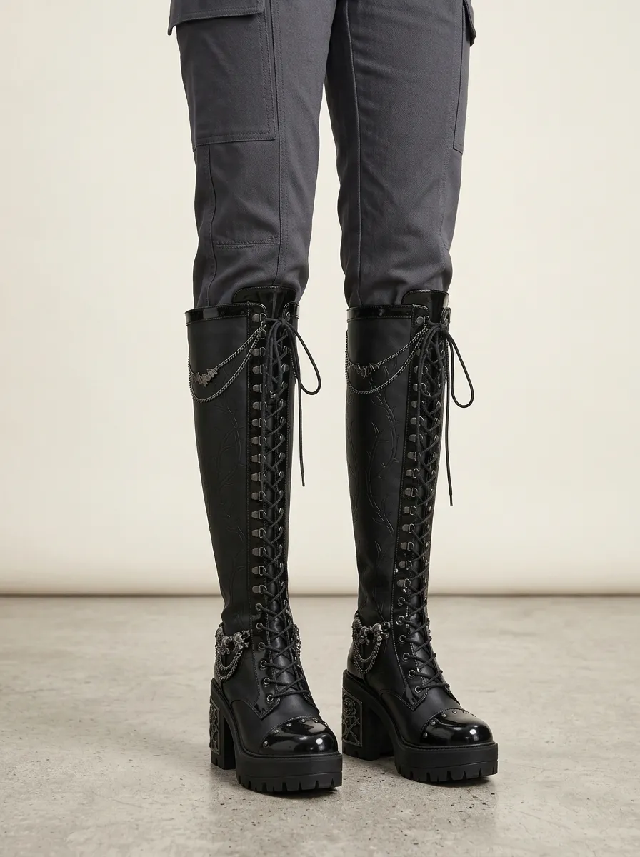 Classic Gothic Skull Bat Chain Alternative Look Women's Gothic Platform Boots