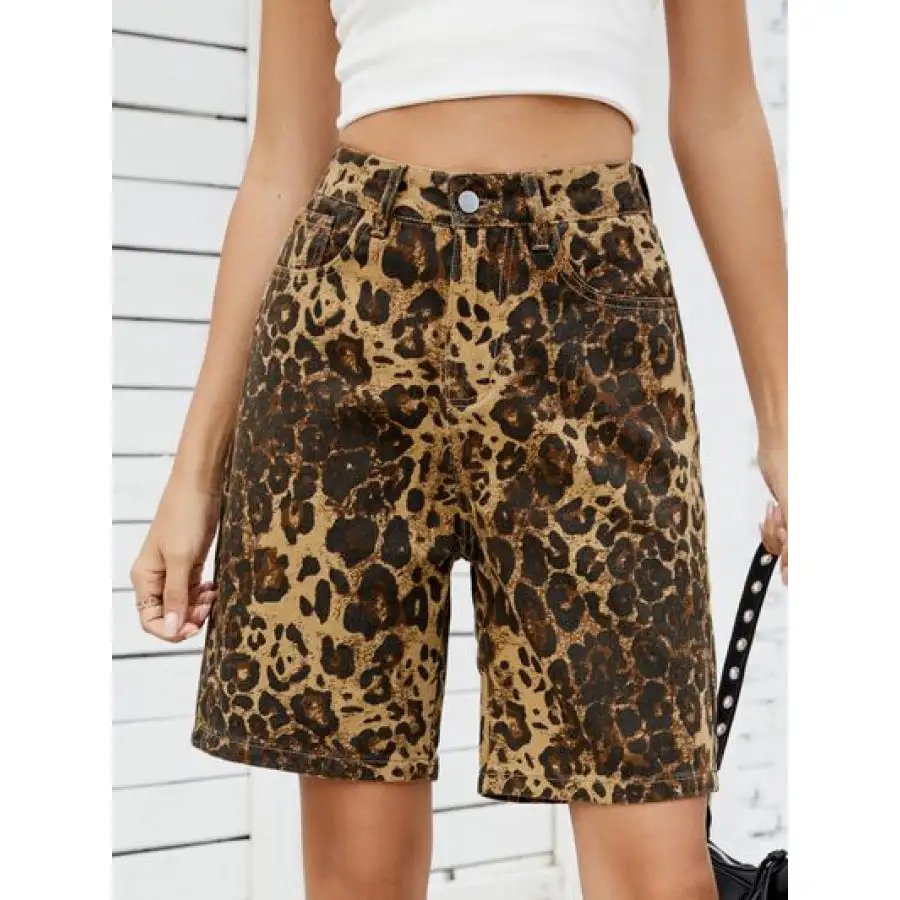 High Waist Pocketed Leopard Pattern Denim Shorts