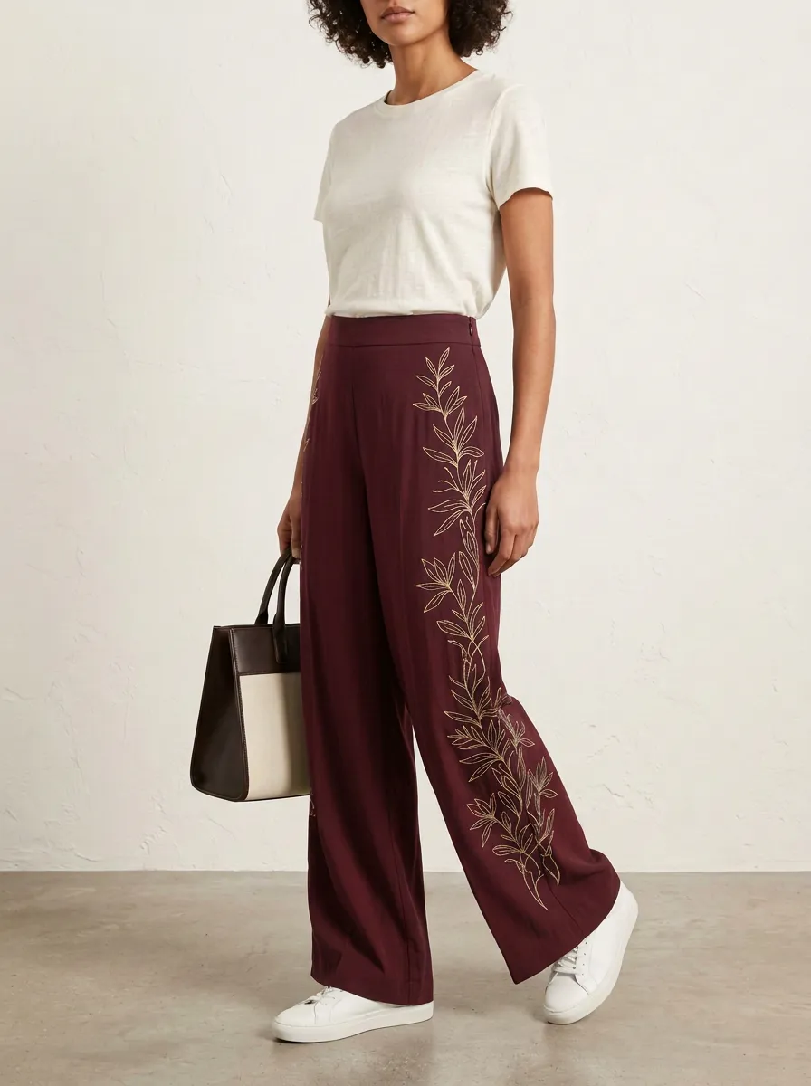 Women's Botanical Gold Leaf Patterned High-Waisted Wide-Leg Pants