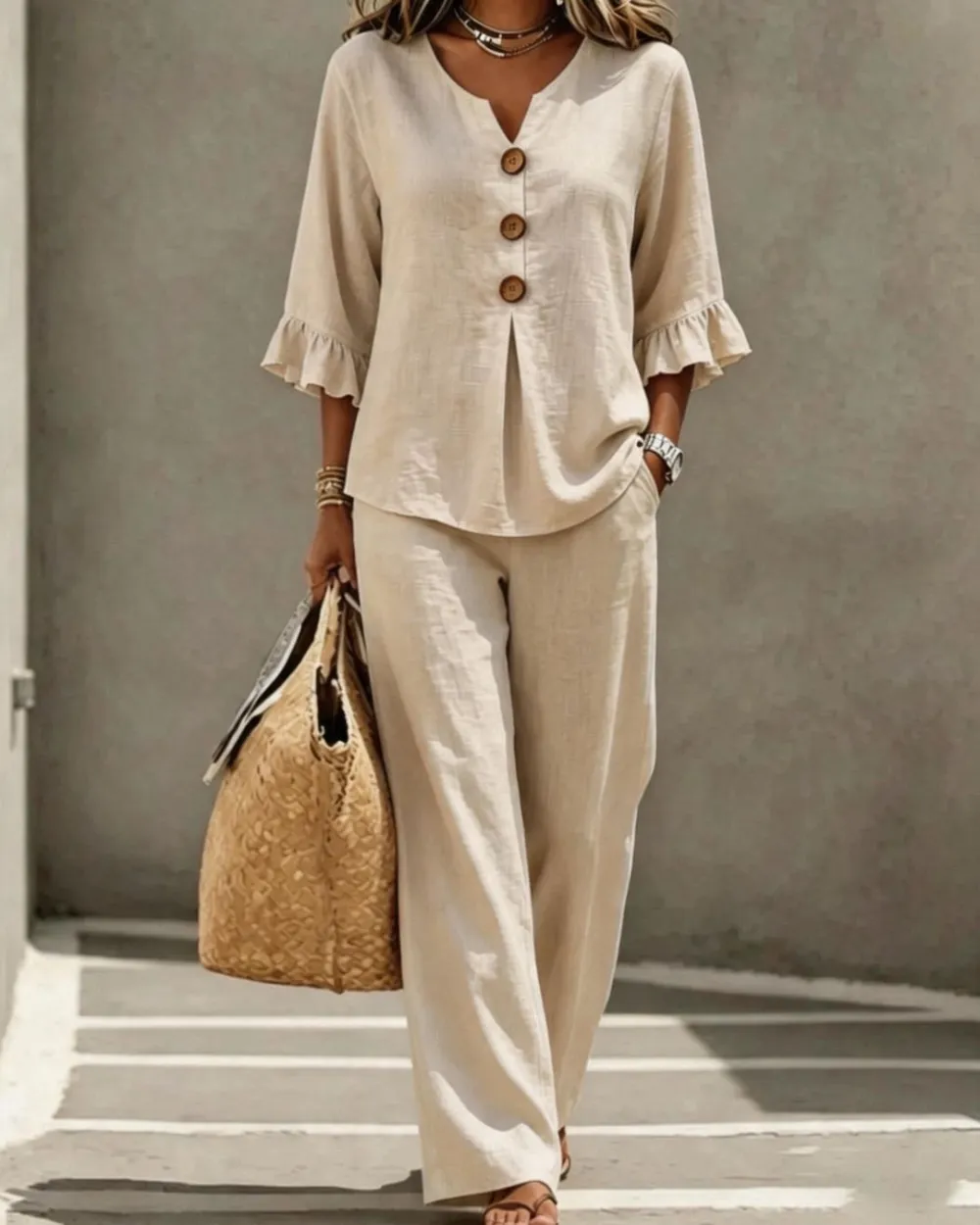 Vacation Two-Piece Set Ruffle Sleeve Top Button Relaxed Outfit