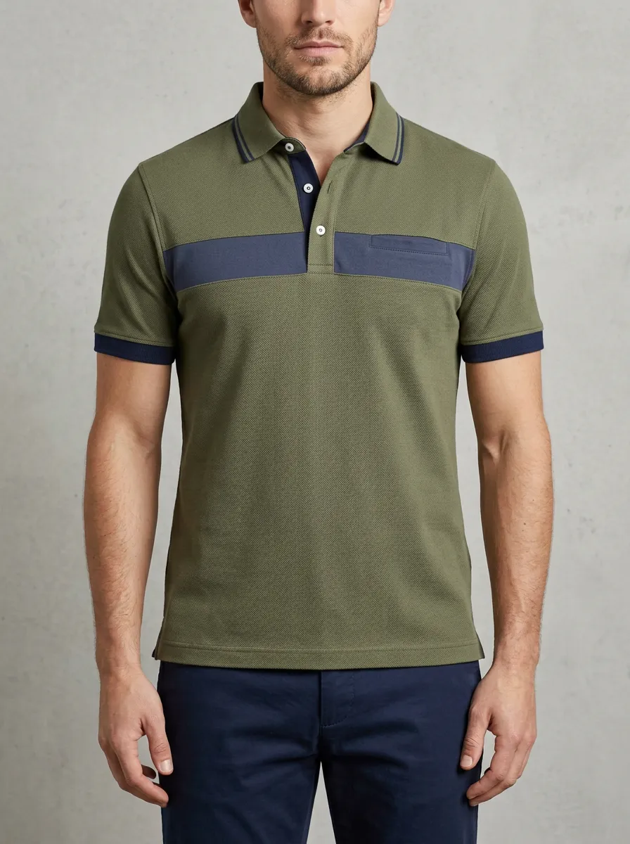 Men's Casual Olive Navy Colorblock Contrast Panel Polo Shirt