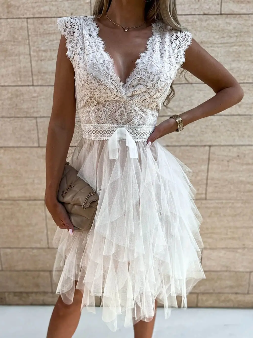 Neck Lace Trim Sleeveless Party Mini Dress