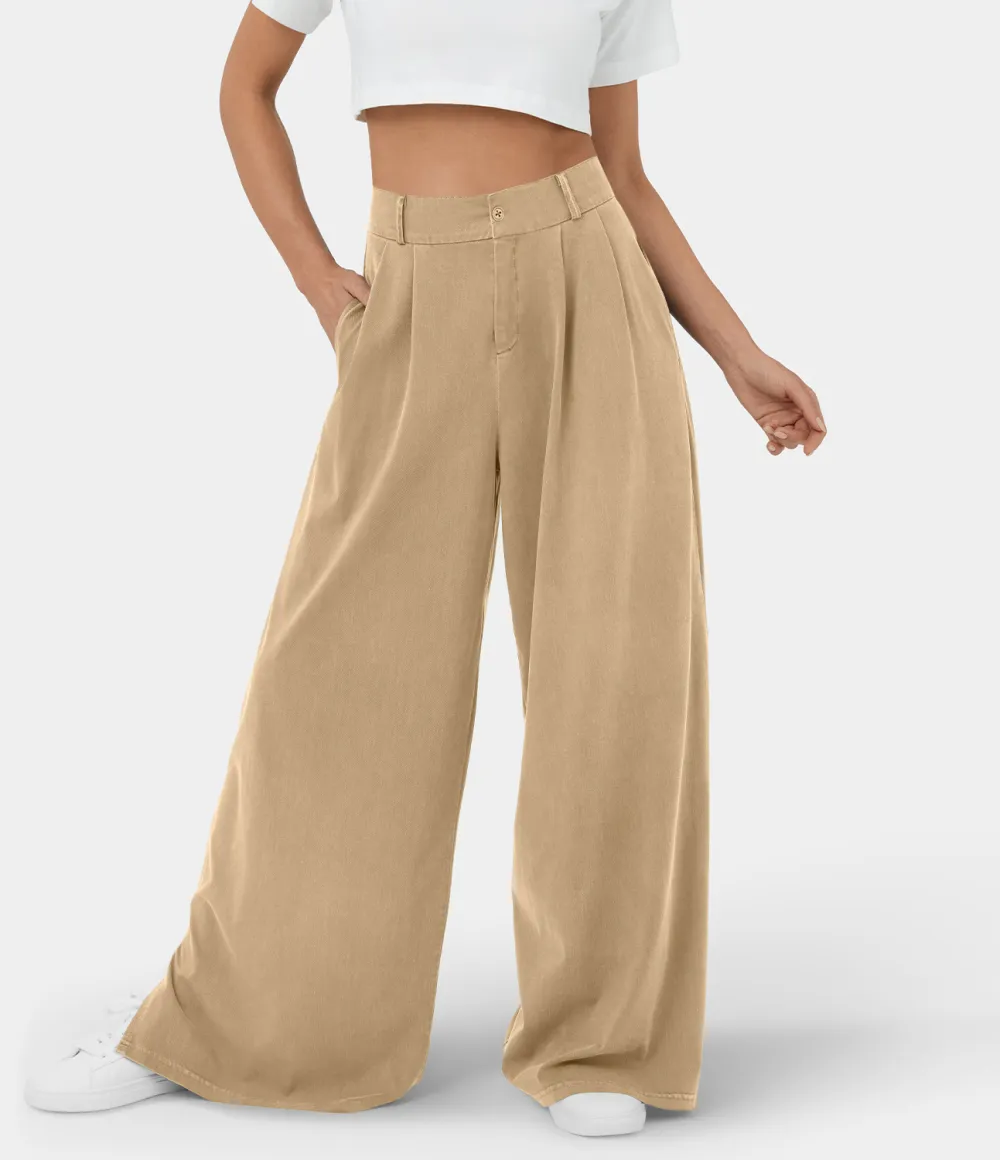 High Waisted Button Zipper Plicated Side Pocket Split Hem Wide Leg Casual Pants