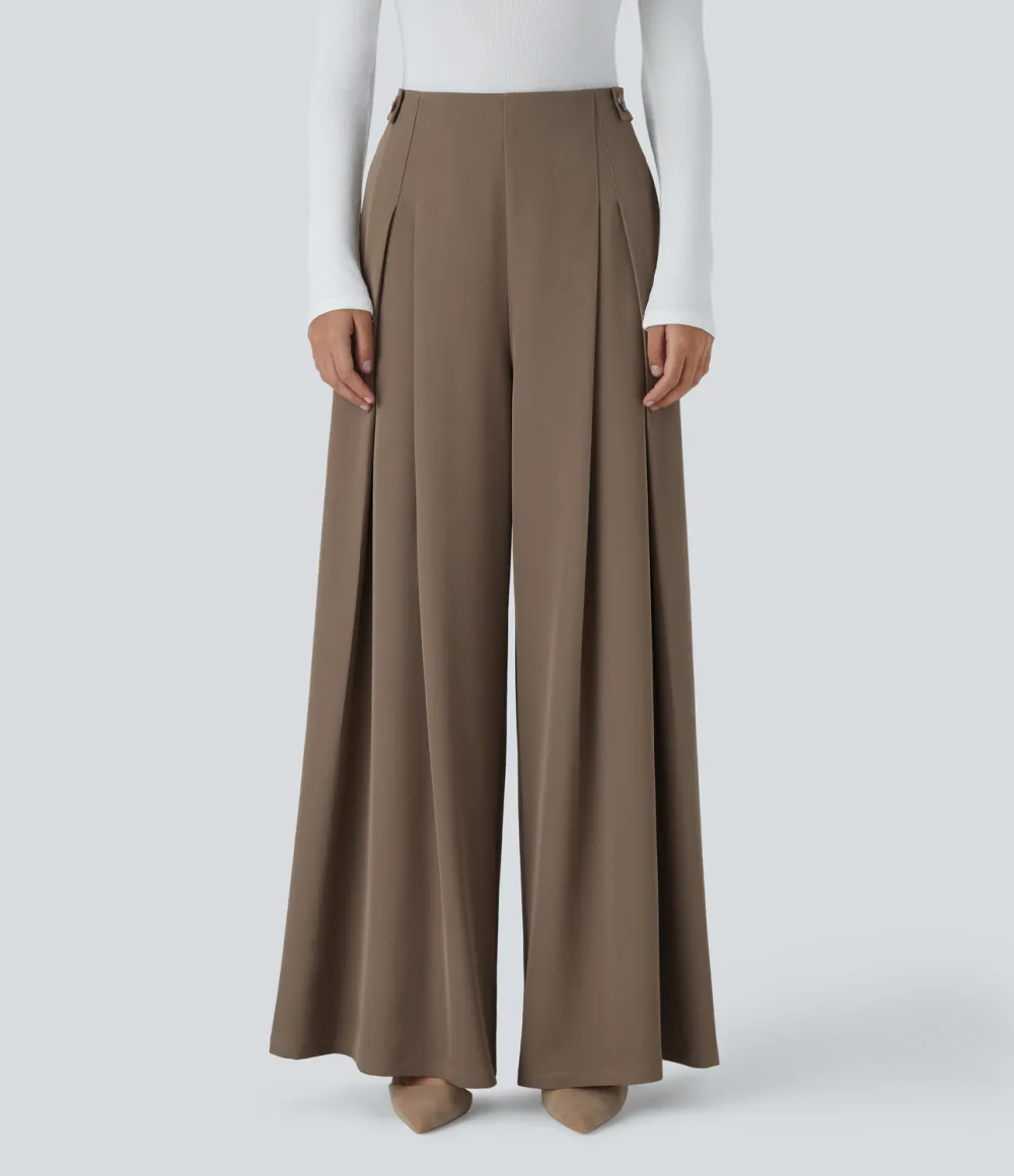 High Waisted Decorative Button Plicated Side Pocket Wide Leg Work Pants