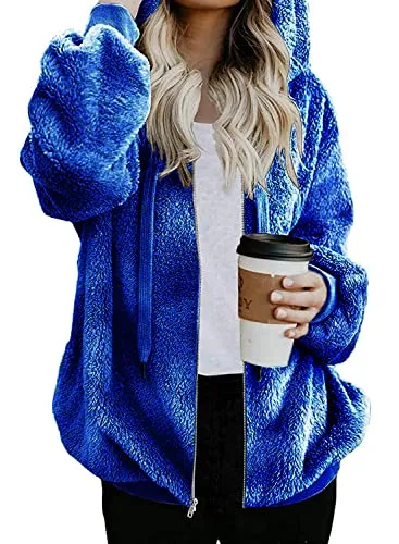 Womens Full Zip Up Sherpa Hoodie Fuzzy Fleece Jacket Oversized Fluffy Coat with Pockets