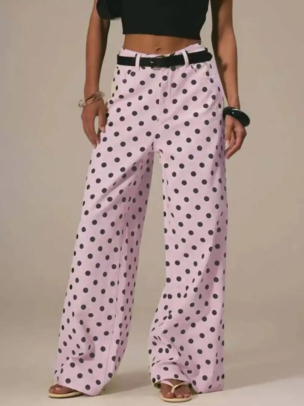 Denim Polka Dot Wide Leg Relaxed Fit Jeans