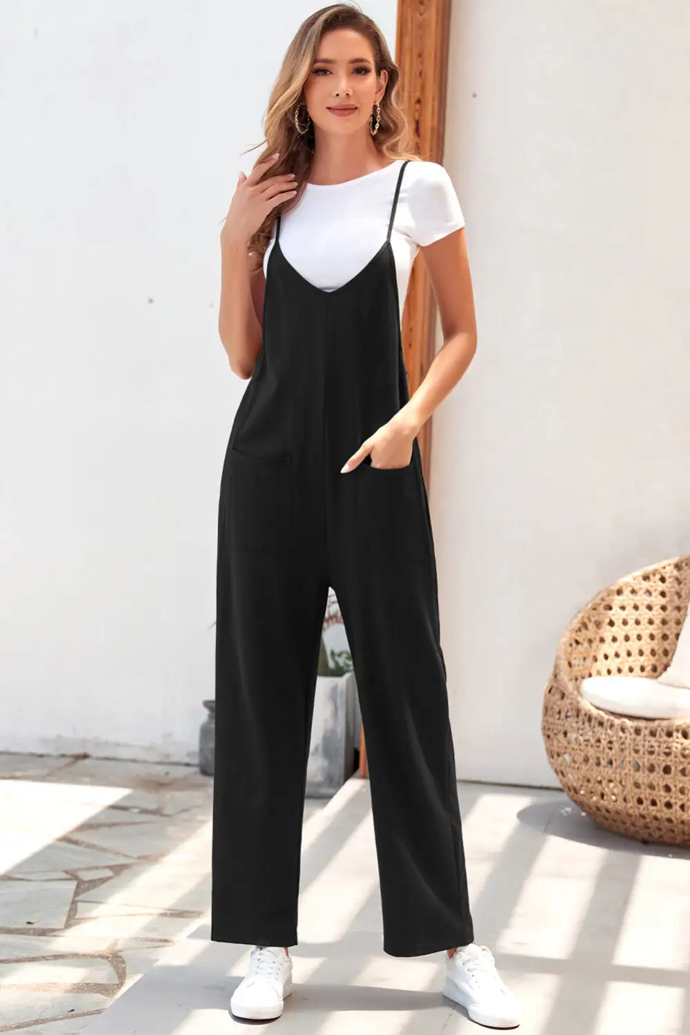 Pocketed Adjustable Spaghetti Strap Straight Leg Accessory