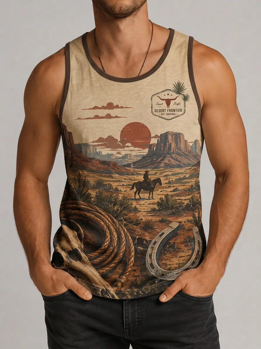 Men's Western Cowboy Desert Frontier Printed Tank Top