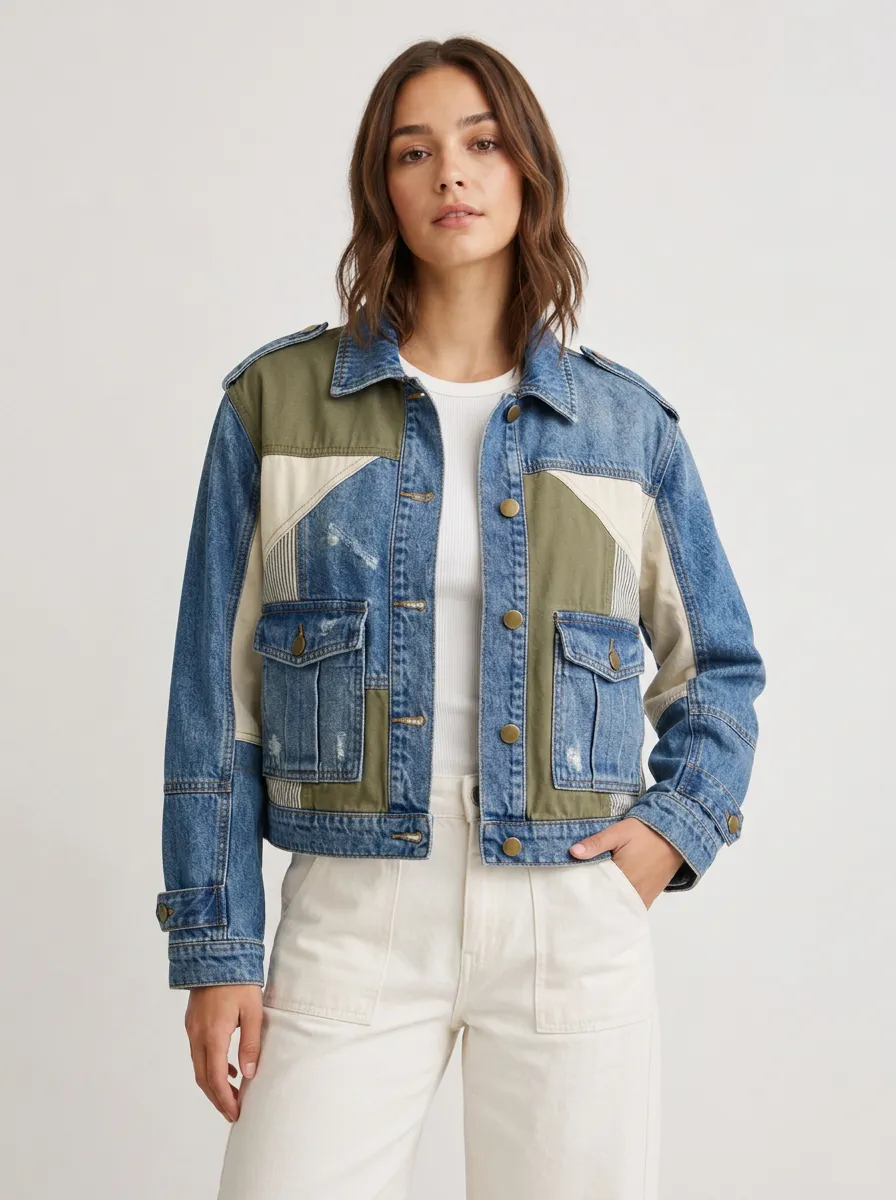 Women's Casual Fashion Colorblock Patchwork Epaulet Utility Jacket