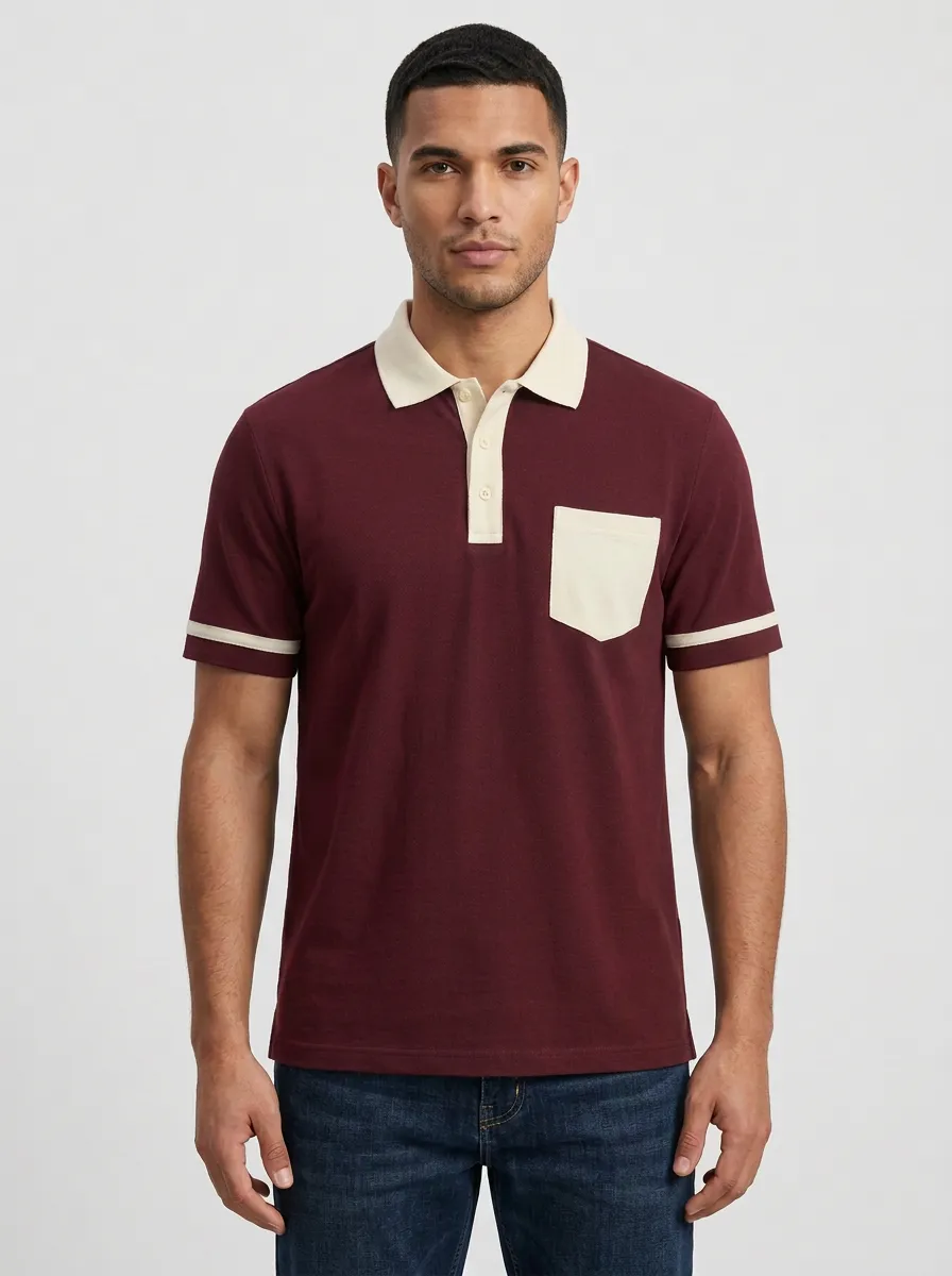 Men's Navy Blue Contrast Pocket Colorblock Polo Shirt