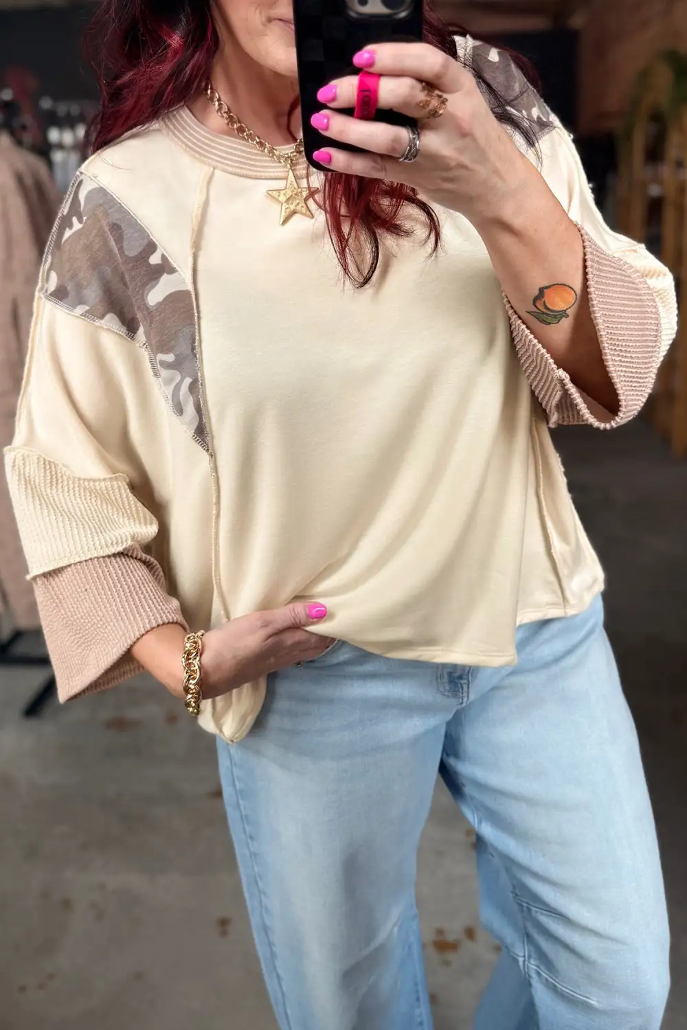 Camouflage Print Twist Detail Three Quarter Sleeve Top