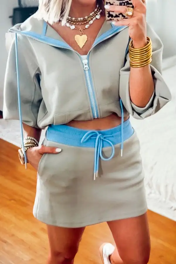 Contrast Trim Zip Front Drawstring Two Piece Set