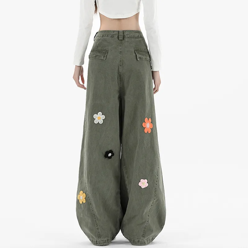 Multi Pocket Embroidered Floral Cargo Pants