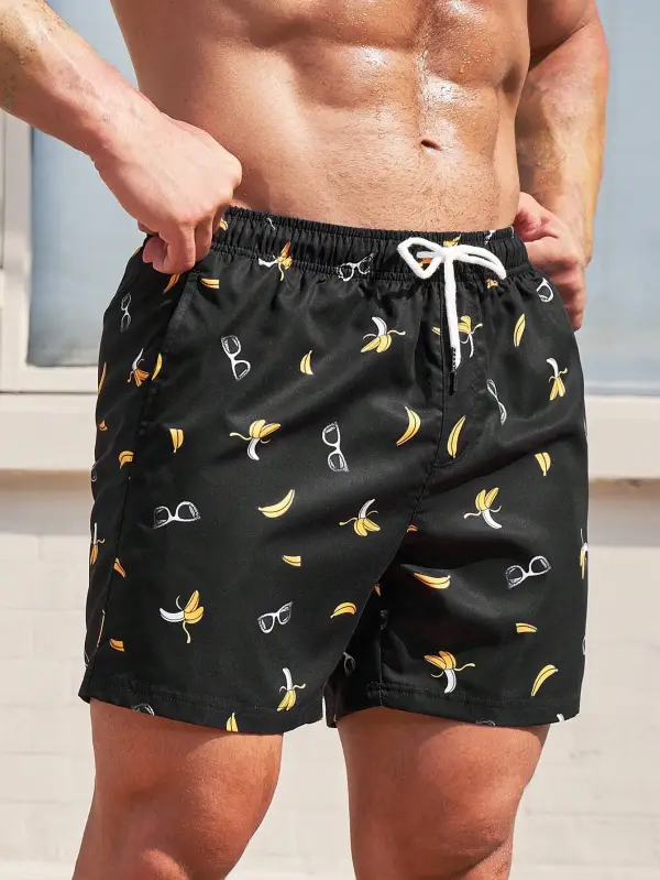 Men's Coastal Banana Print Drawstring Swim Trunks