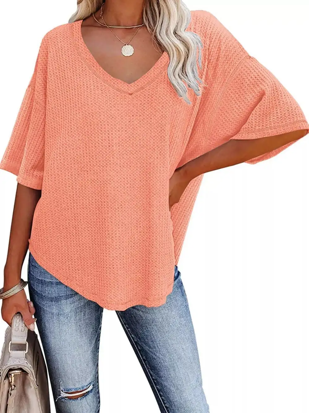 Relaxed V-Neck Short-Sleeve Knit T-Shirt