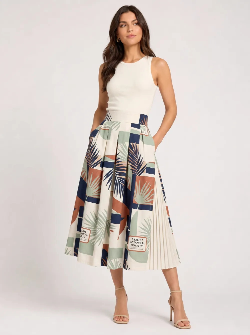 Women's Botanical Seaside Society Tropical Leaf Printed Pleated Midi Skirt