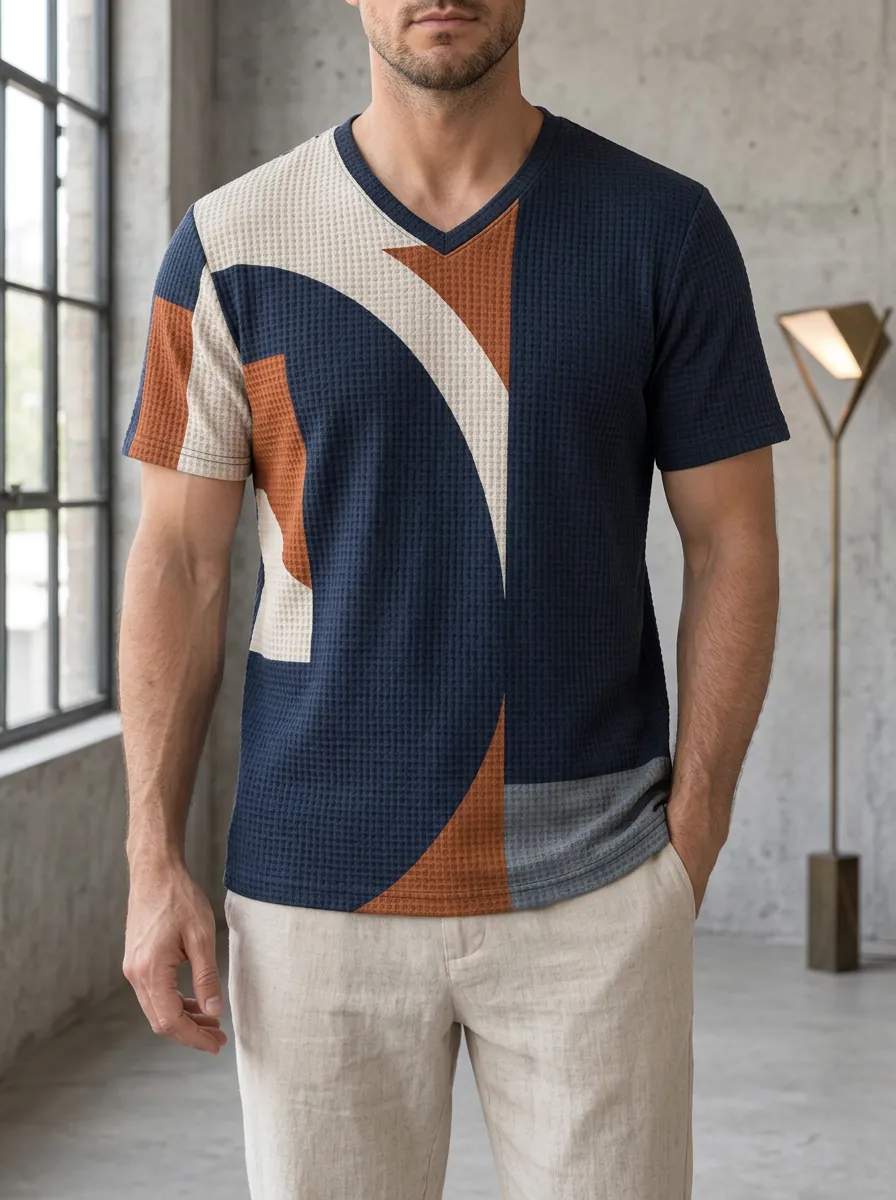 Men's Artful Abstract Geometric Pattern V-Neck T-Shirt
