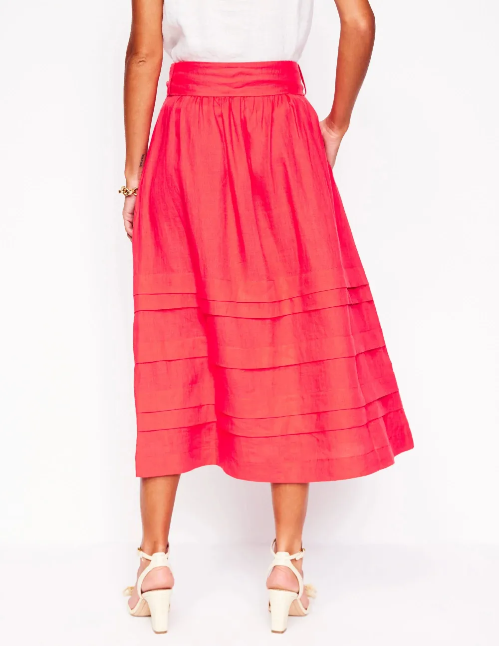 Pintuck Linen Midi Skirt