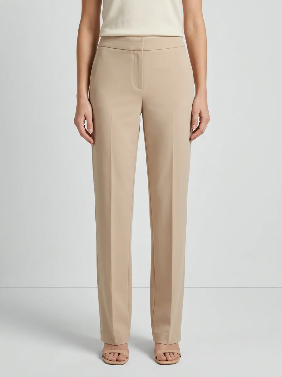 Women's Minimalist Beige Solid Mid-Rise Straight Leg Trousers