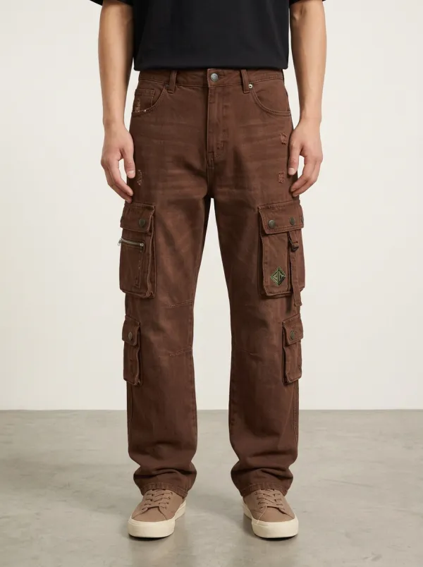 Men's Trail Streetwear Distressed Denim Multi-Pocket Cargo Jeans