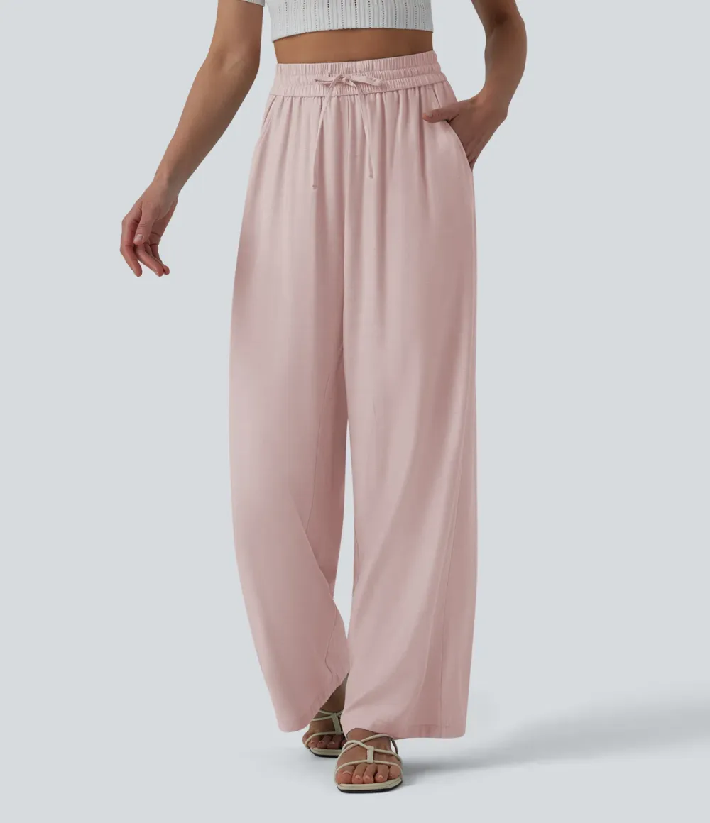 2026🔥High Waisted Drawstring Wide Leg Casual Linen-Blend Trousers with Pockets