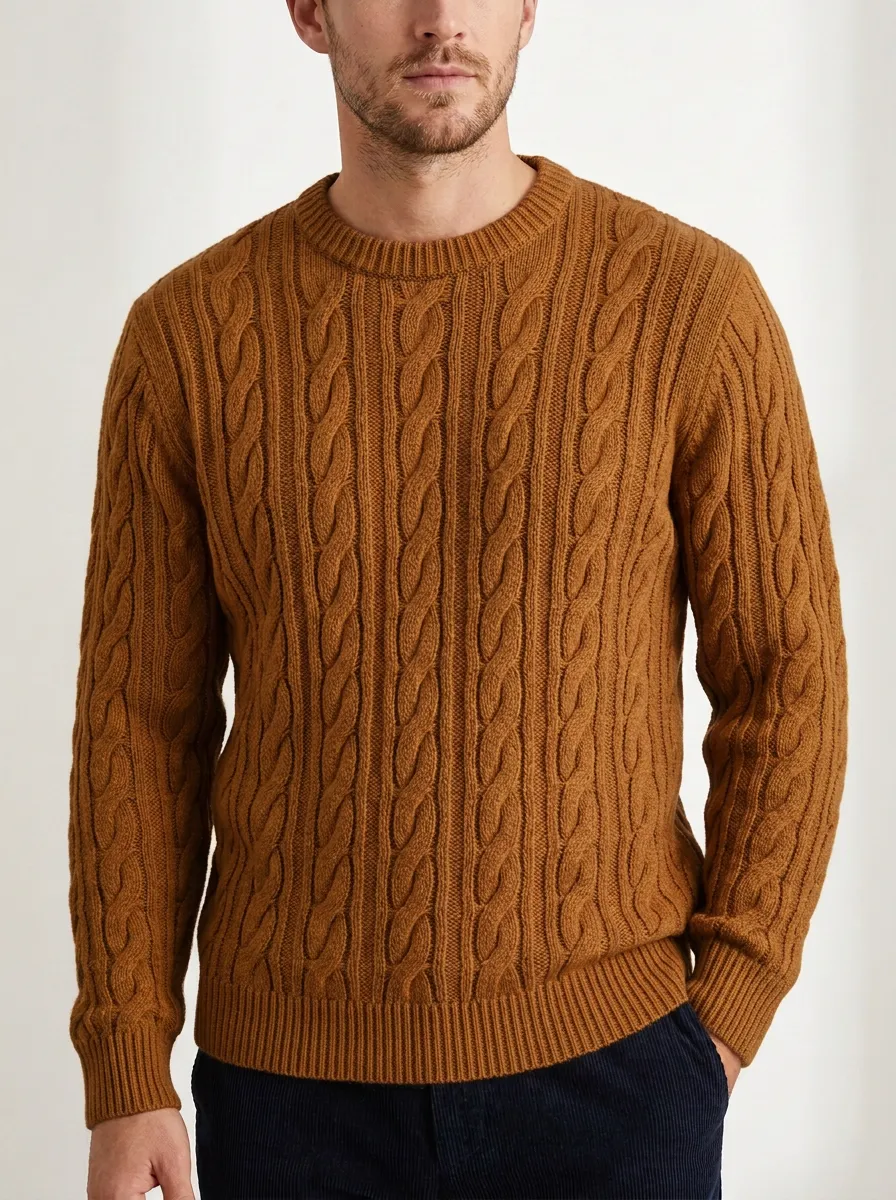 Men’s Ribbed Cable-Knit Crewneck Layering Sweater