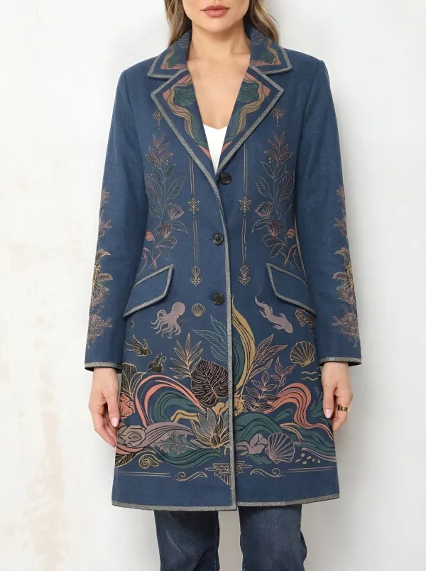 Women's Ocean Life Botanical Octopus Printed Blazer Coat