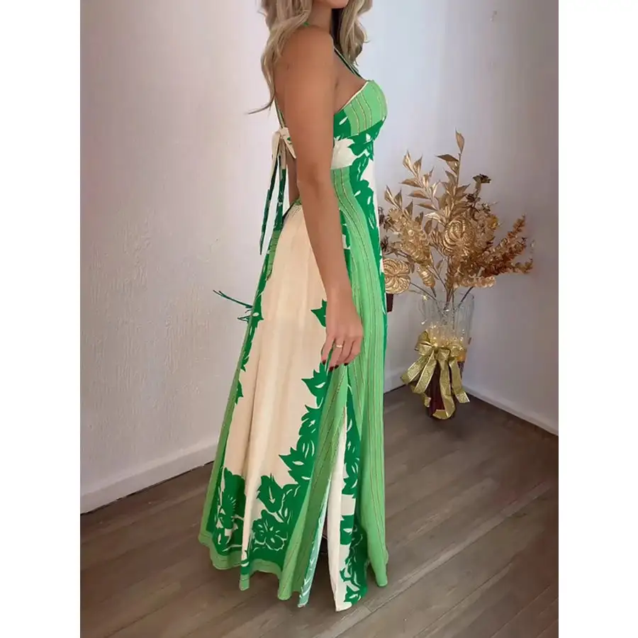 Halter Neck Leaf Print Maxi Dress