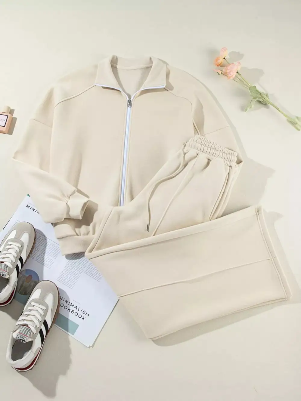Drop Shoulder Zip Up Jacket And Drawstring Pants Active Two Piece Set