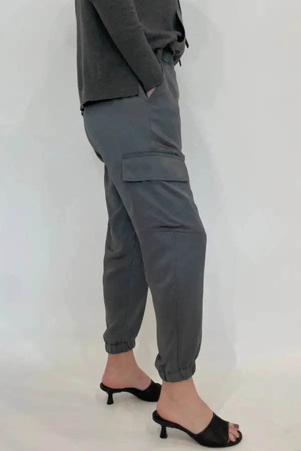 Charcoal Gray Satin Cargo Jogger Pants