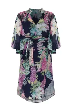 Knee-Length Floral Viscose Shirred V-Neck Three-Quarter-Sleeve Straight-Cut Slip Dress