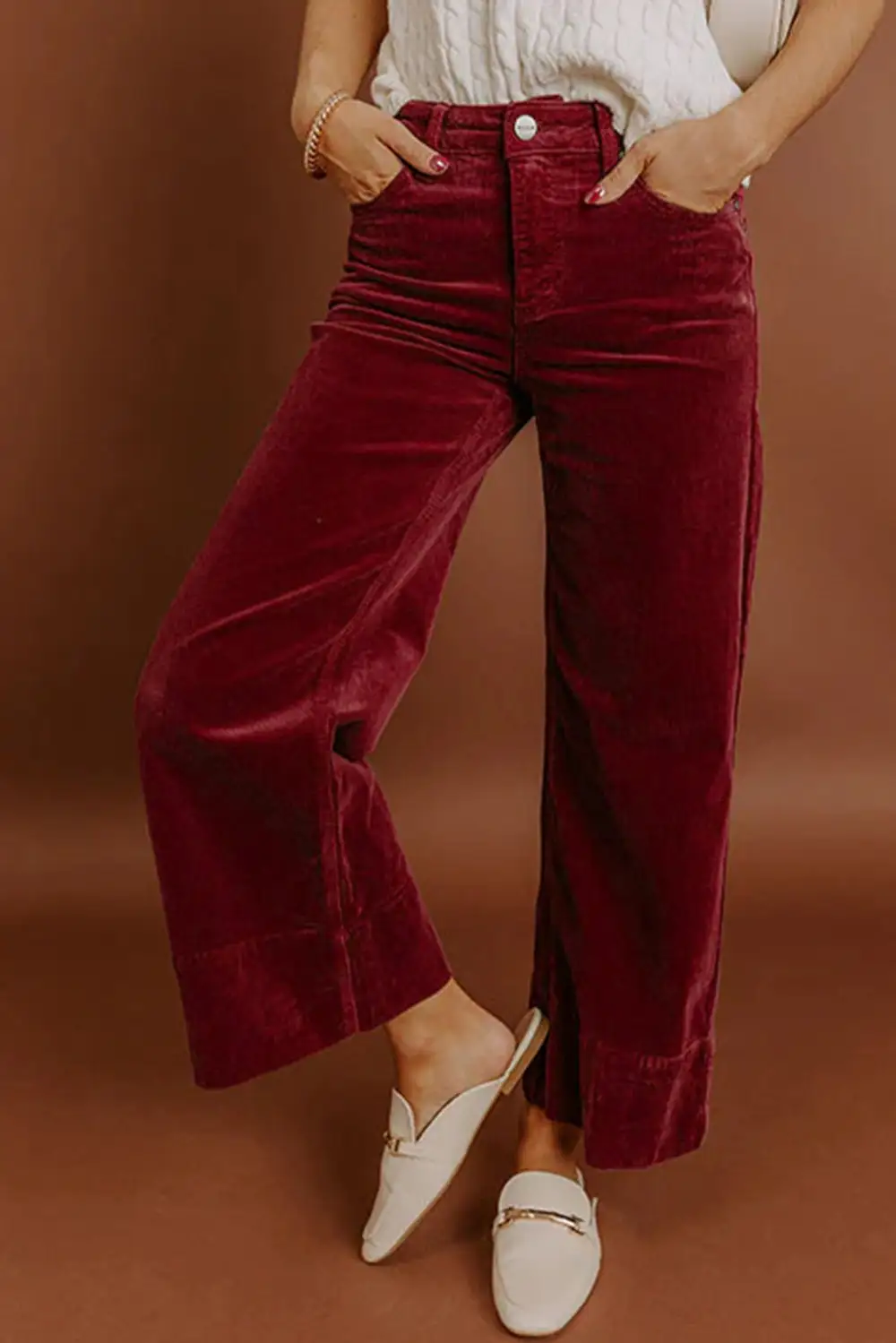 Corduroy Solid High Waist Wide Leg Trousers
