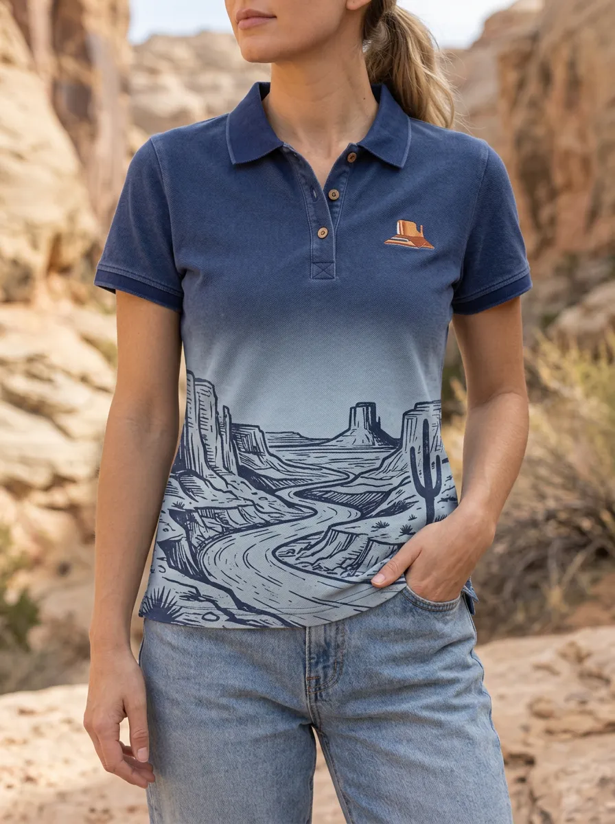 Women's Relaxed Desert Landscape Cactus Polo Shirt