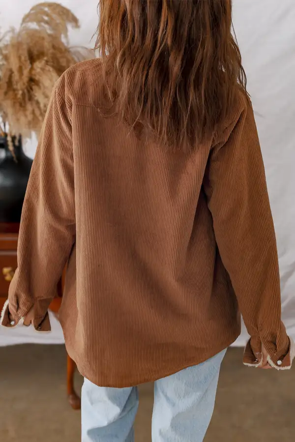 Women's Fleece Lined Buttoned Flap Pockets Corduroy Jacket